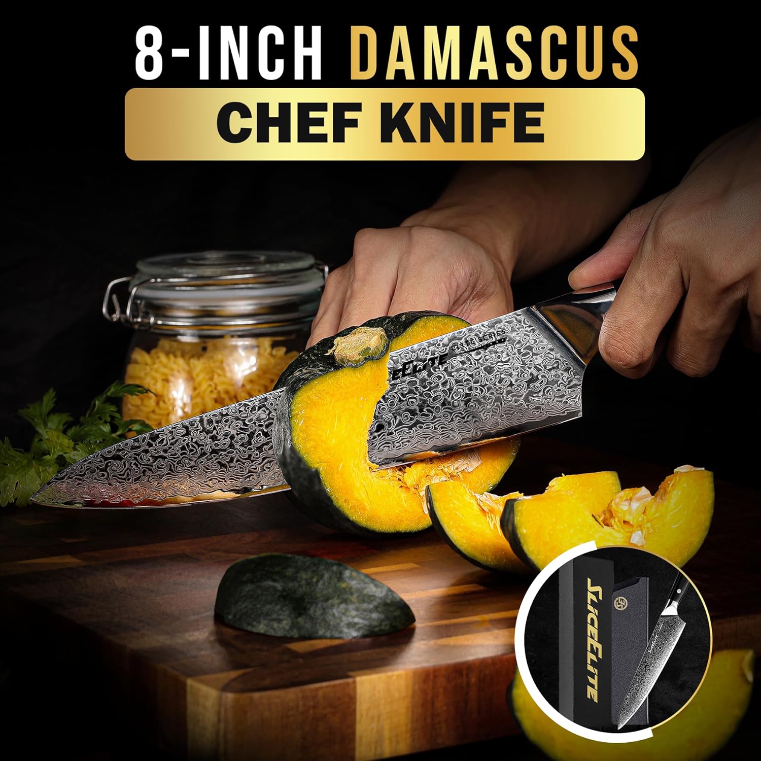 SliceElite 8 Inch Chef Knife Blade View: Featuring cutting a pumpkin