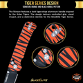 Stainless steel blade with tiger stripe pattern on a black background, featuring SliceElite branding.