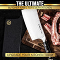 SliceElite Butcher Knife With Ribs meat on a wooden cutting board, along with a polymer blade cover