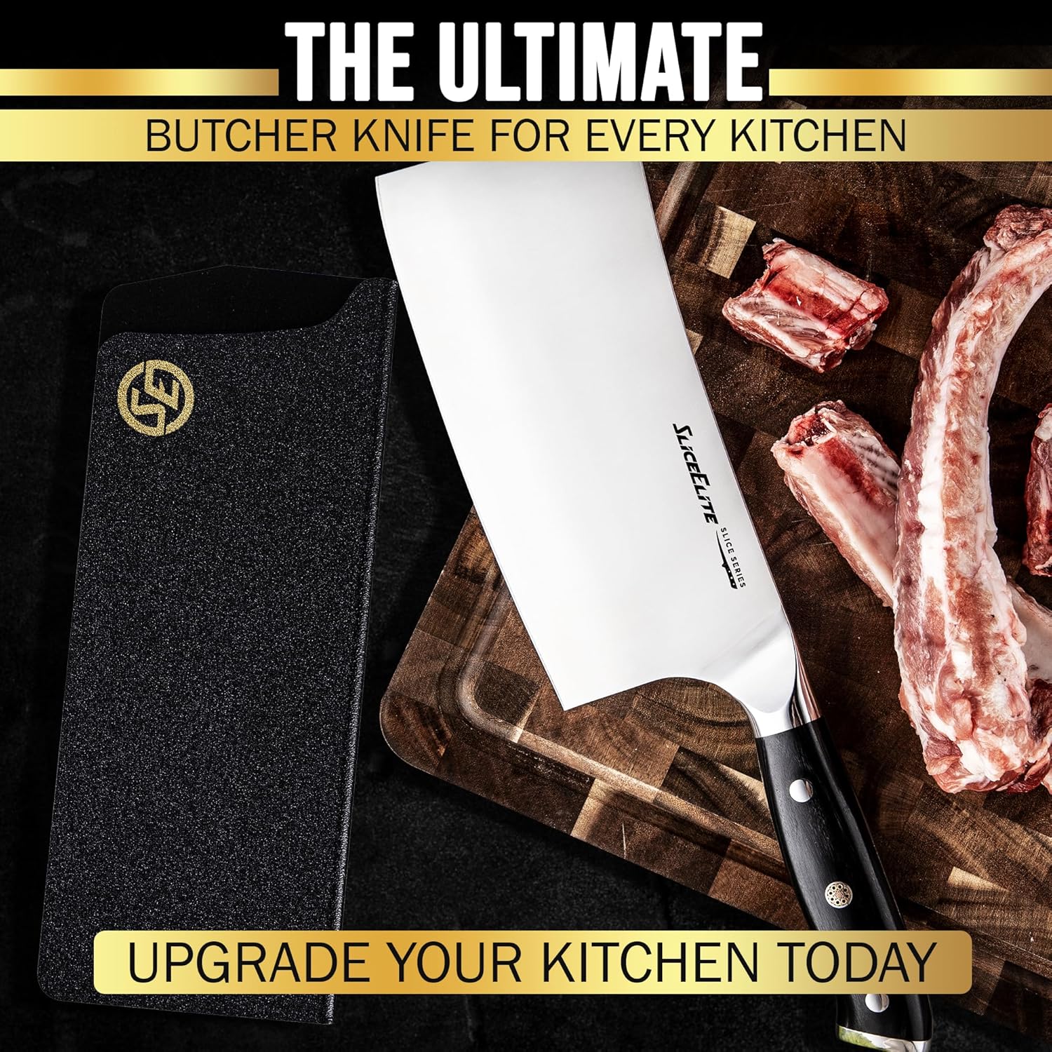 SliceElite Butcher Knife With Ribs meat on a wooden cutting board, along with a polymer blade cover