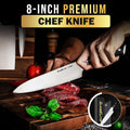 SliceElite Chef Knife Showcasing: The Power of Chef Knife showing cutting meat on SliceElite Wooden Cutting Board