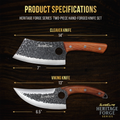 Product specifications of Heritage Forge Series two-piece hand-forged knife set with cleaver and Viking knives on a dark background.