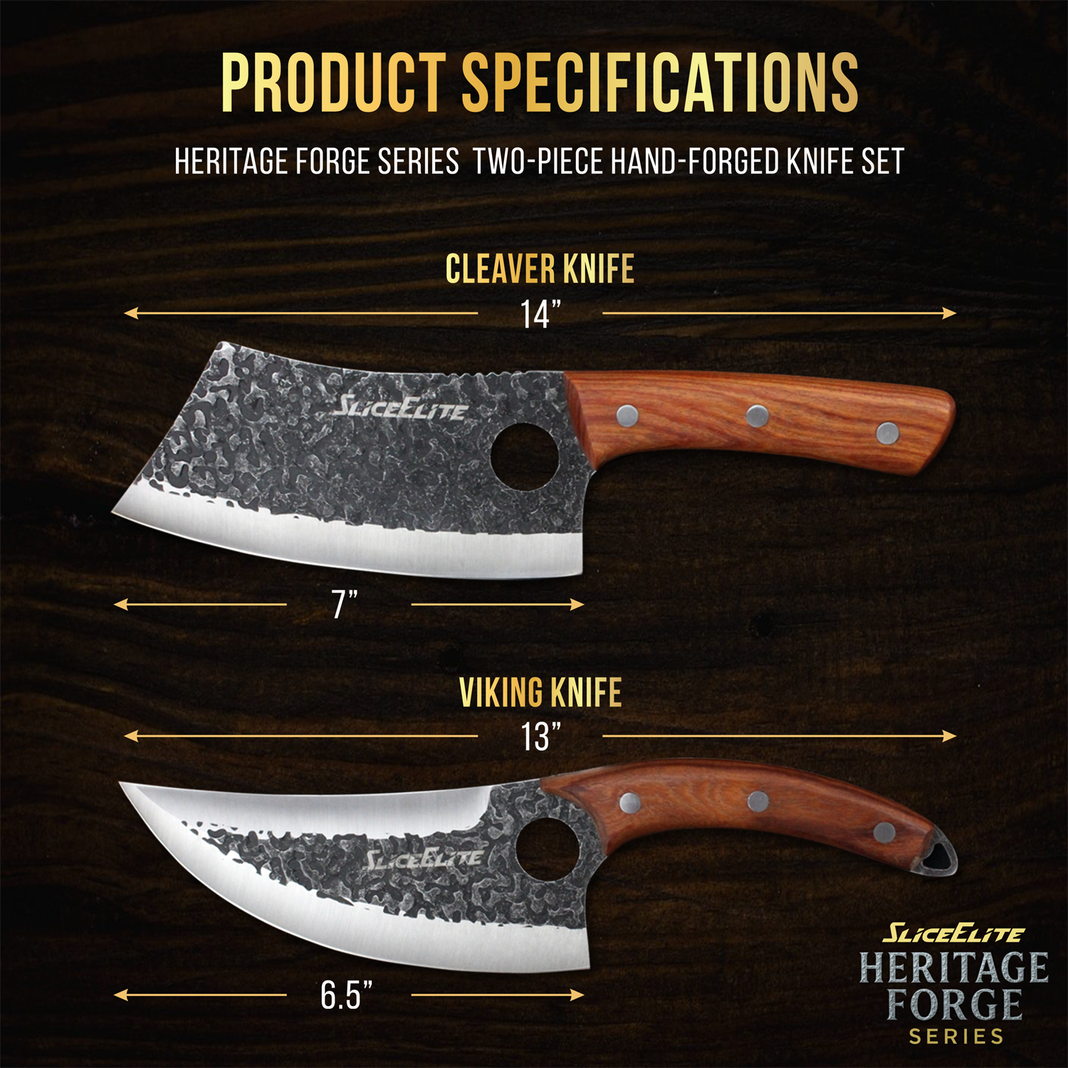 Product specifications of Heritage Forge Series two-piece hand-forged knife set with cleaver and Viking knives on a dark background.