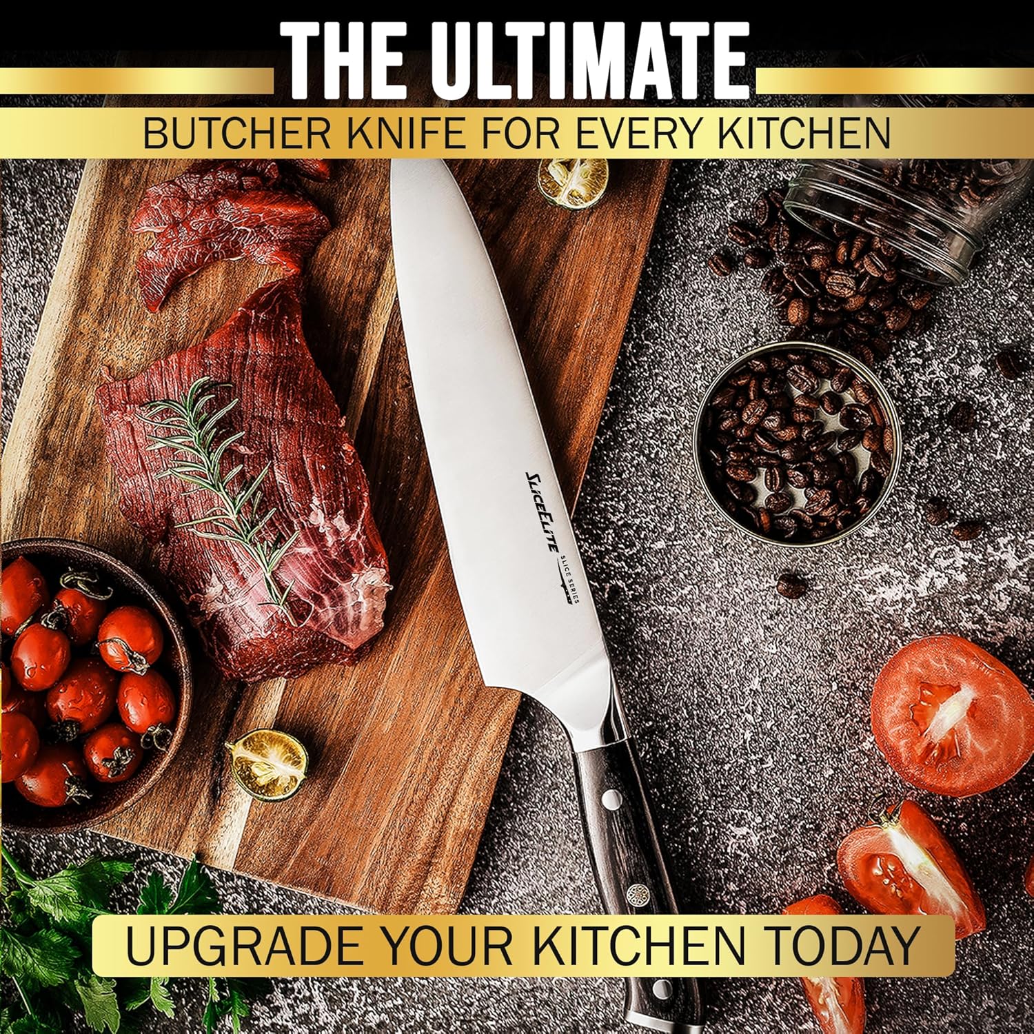 SliceElite chef's knife displayed on a wooden cutting board with fresh meat, tomatoes, and coffee beans, highlighting its precision and versatility for kitchen tasks