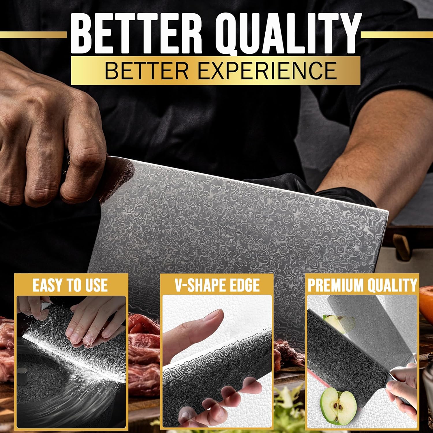 SliceElite 7-Inch Damascus Meat Cleaver Blade Close-Up View