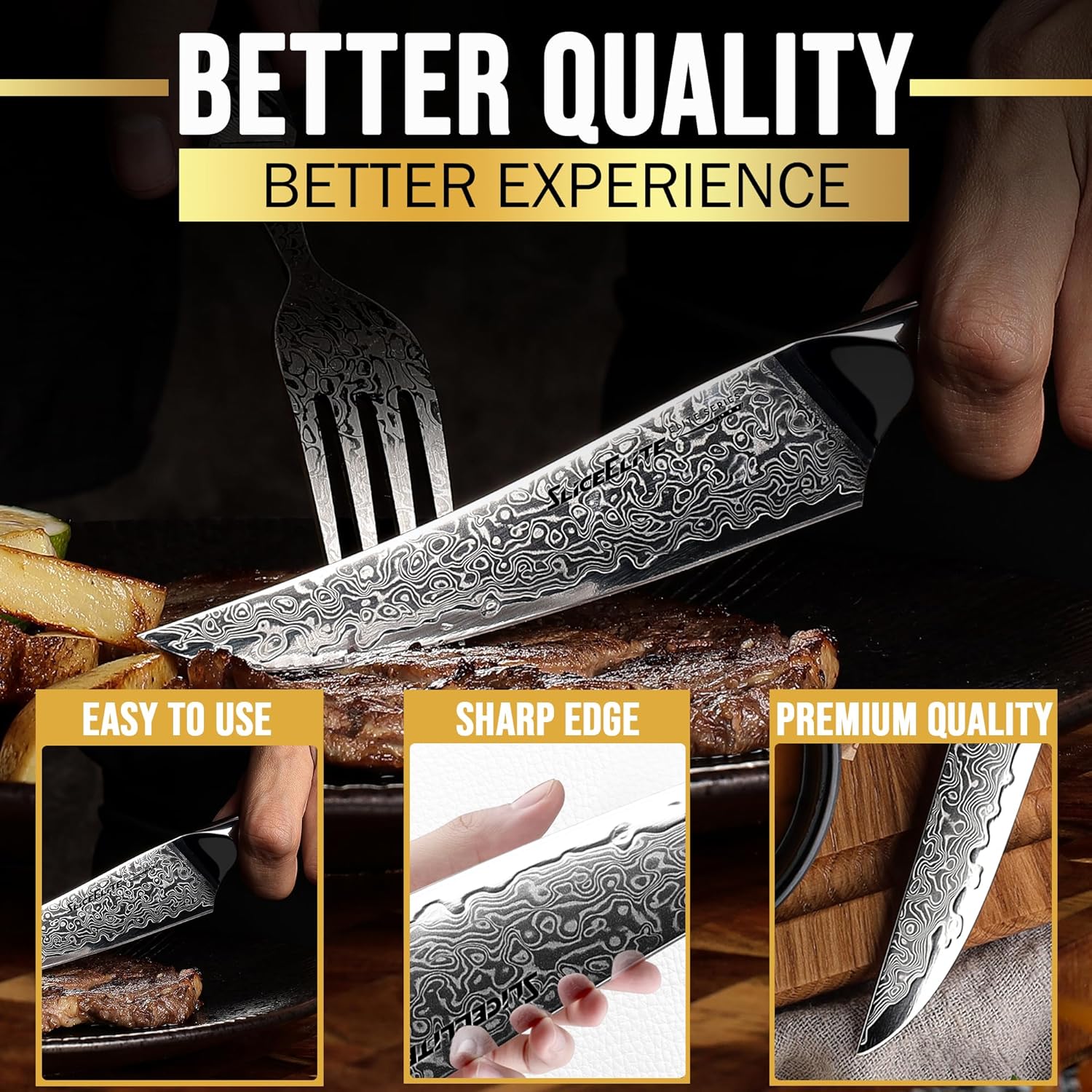 SliceElite Damascus Steak Knife Sharp Blade Close-up view