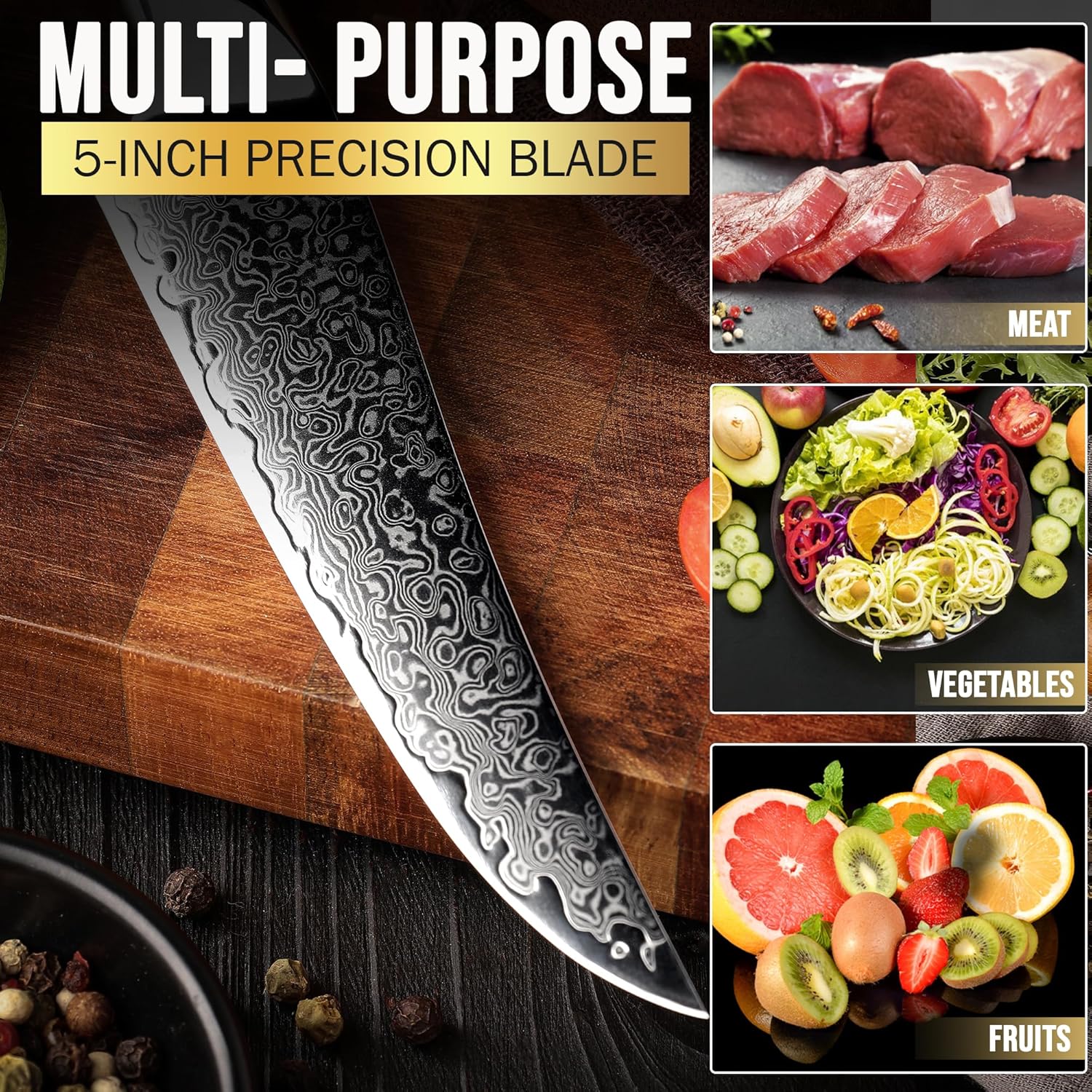 SliceElite Damascus Steak Knife with a sharp blade, close-up view with meat, vegetables, and fruits. All in different frames