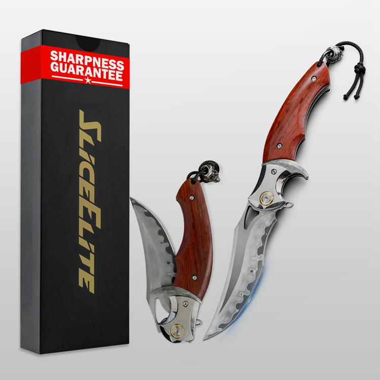 Two Fire Lotus Folding Knife with wooden handles and a 'Sharpness Guarantee' box on a light gray background