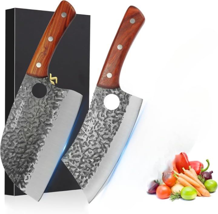 SliceElite Hand-Forged Chef Knife Set – 2PCS Serbian & Cleaver Knives with Gift Box for BBQ