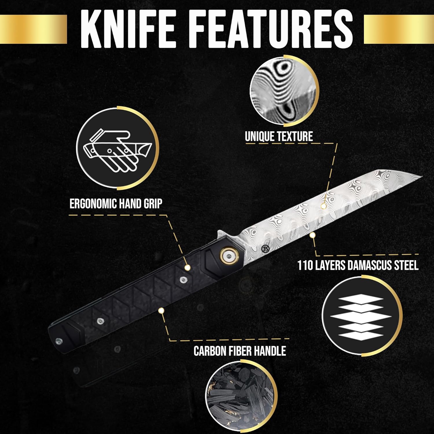 Slice Elite Hannya Samurai Folding Knife 110-Layer Damascus Blade Carbon Fiber Handle