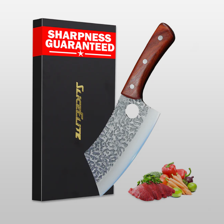 Knife with wooden handle and 'Sharpness Guaranteed' packaging on a white background