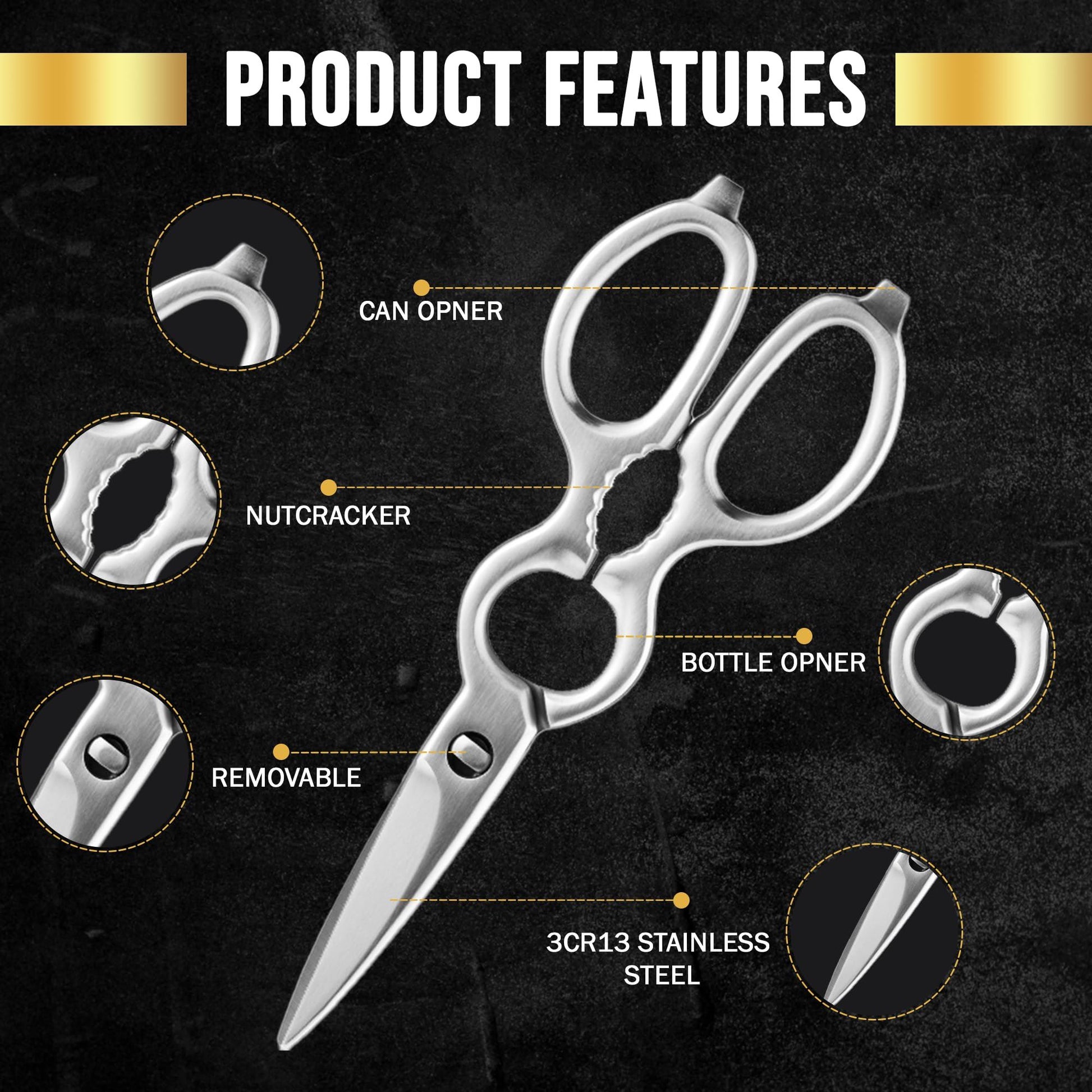 SliceElite Heavy Duty Kitchen Scissors Stainless Steel Shears All Purpose Cutter with Nutcracker Bottle Opener Can Opener Detachable Blade Kitchen Shears for Food Vegetable Cutter Poultry Utility Tool