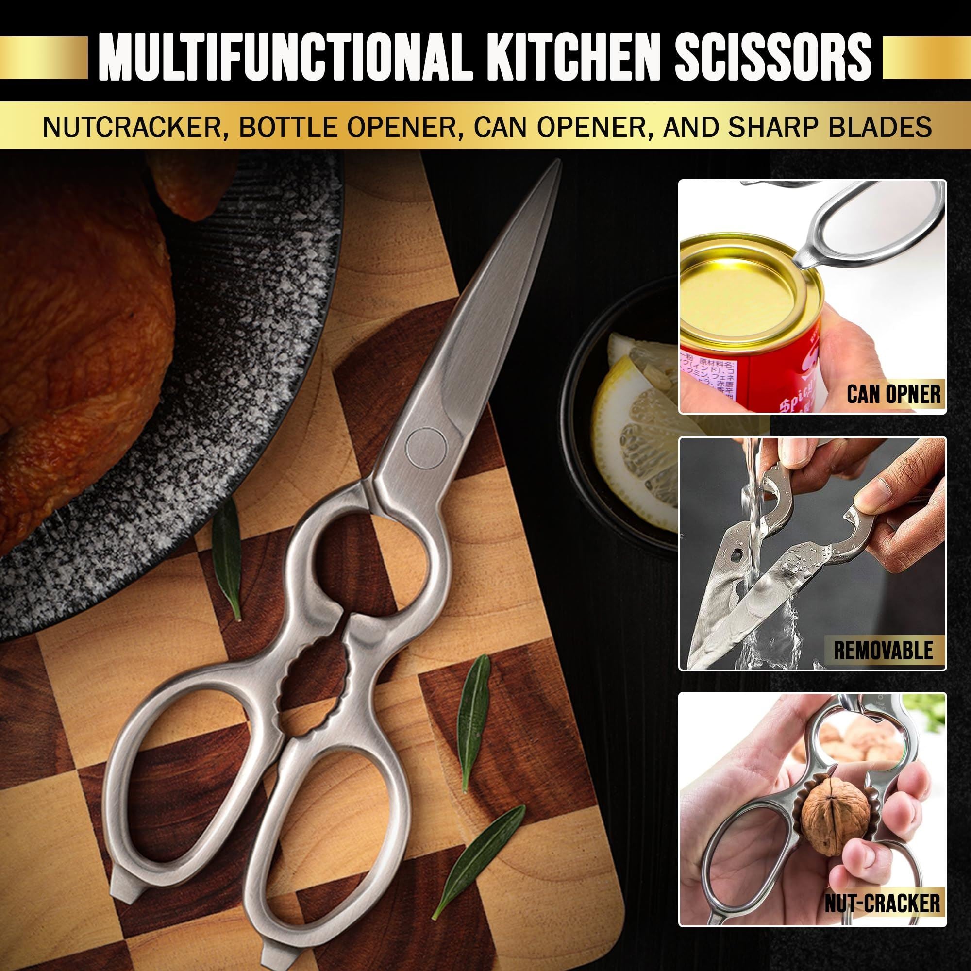 SliceElite Heavy Duty Kitchen Scissors Stainless Steel Shears All Purpose Cutter with Nutcracker Bottle Opener Can Opener Detachable Blade Kitchen Shears for Food Vegetable Cutter Poultry Utility Tool