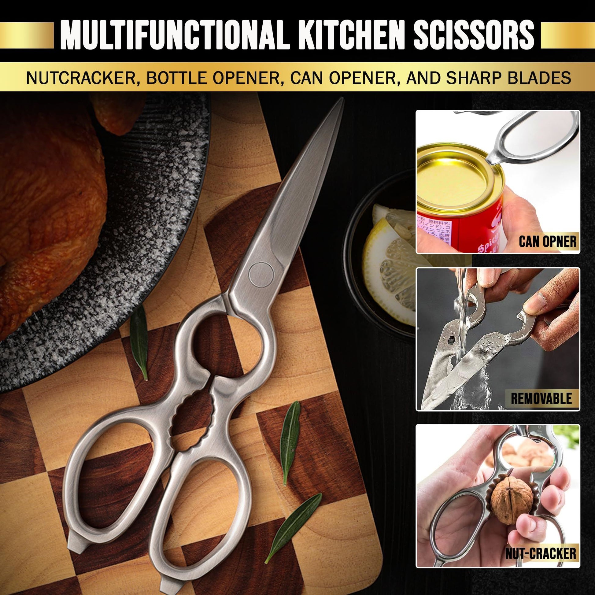 SliceElite Heavy Duty Kitchen Scissors Stainless Steel Shears All Purpose Cutter with Nutcracker Bottle Opener Can Opener Detachable Blade Kitchen Shears for Food Vegetable Cutter Poultry Utility Tool