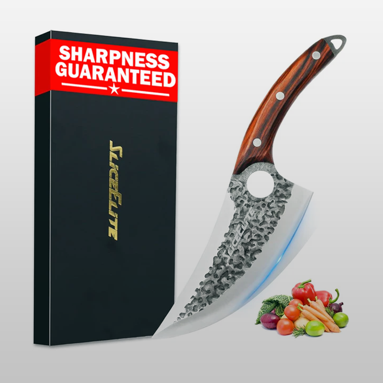 Knife with wooden handle and 'Sharpness Guaranteed' packaging on a white background