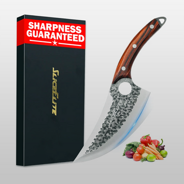 Knife with wooden handle and 'Sharpness Guaranteed' packaging on a white background