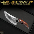 Knife with wooden handle and metal blade in a luxury magnetic clasp box, perfect for gifting and storage.