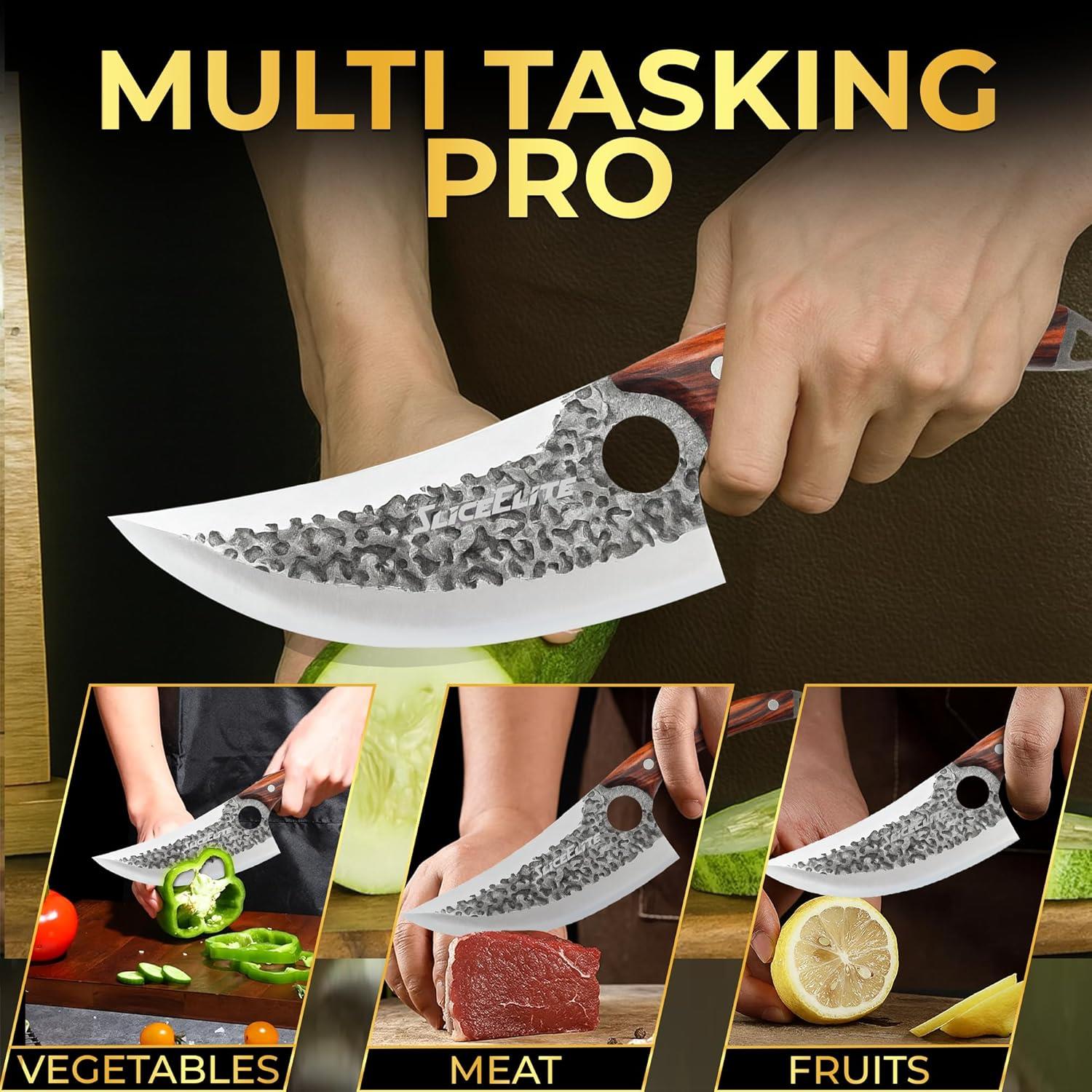 Multifunctional knife being used for cutting vegetables, meat, and fruits with text 'Multi Tasking Pro'.