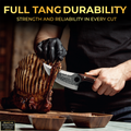 Person cutting a rib with a knife, emphasizing durability and reliability, with text 'Full Tang Durability' and 'Strength and Reliability in Every Cut'.