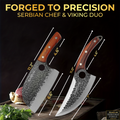 Two knives with wooden handles on a dark background, labeled 'Forged to Precision' and 'Serbian Chef & Viking Duo'.