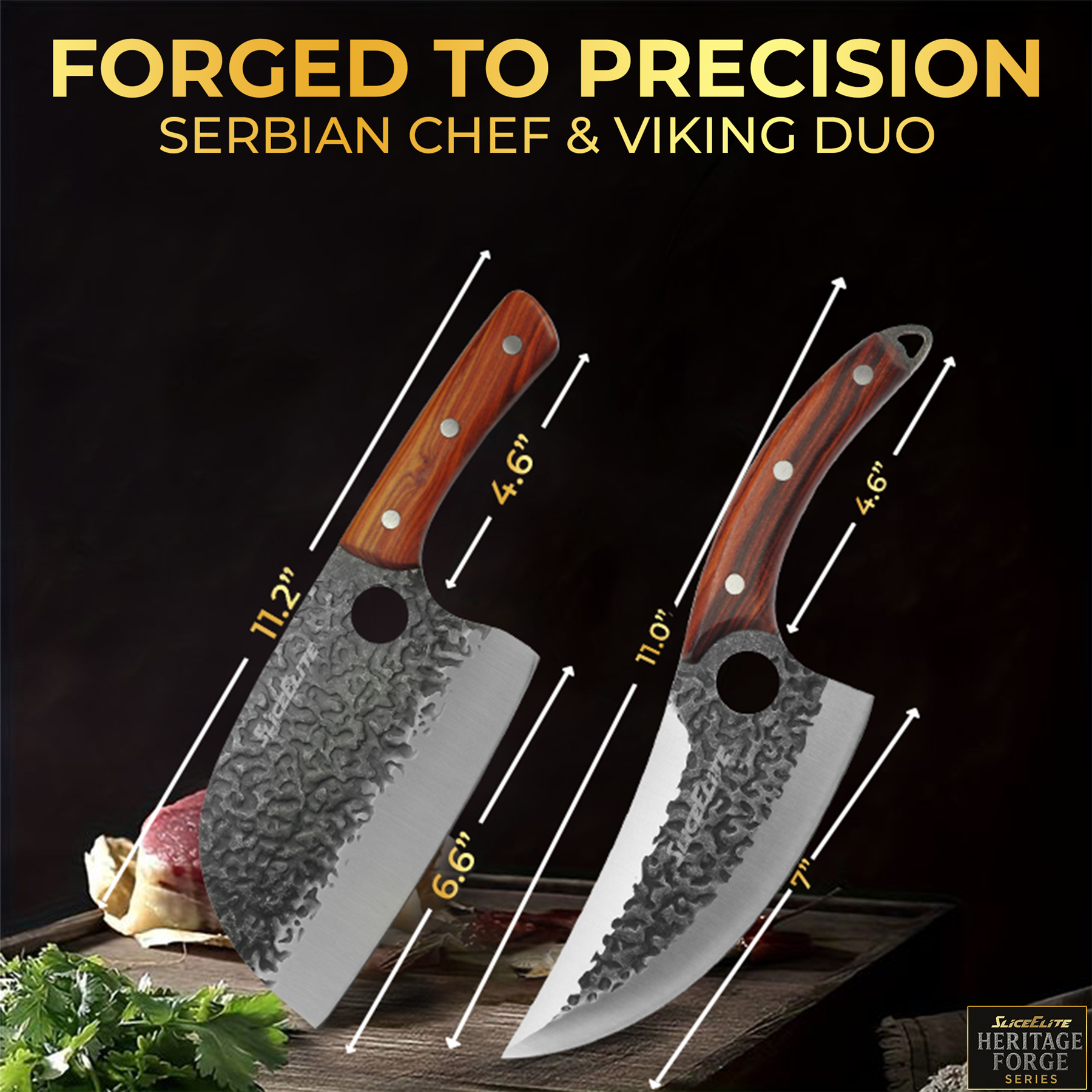 Two knives with wooden handles on a dark background, labeled 'Forged to Precision' and 'Serbian Chef & Viking Duo'.