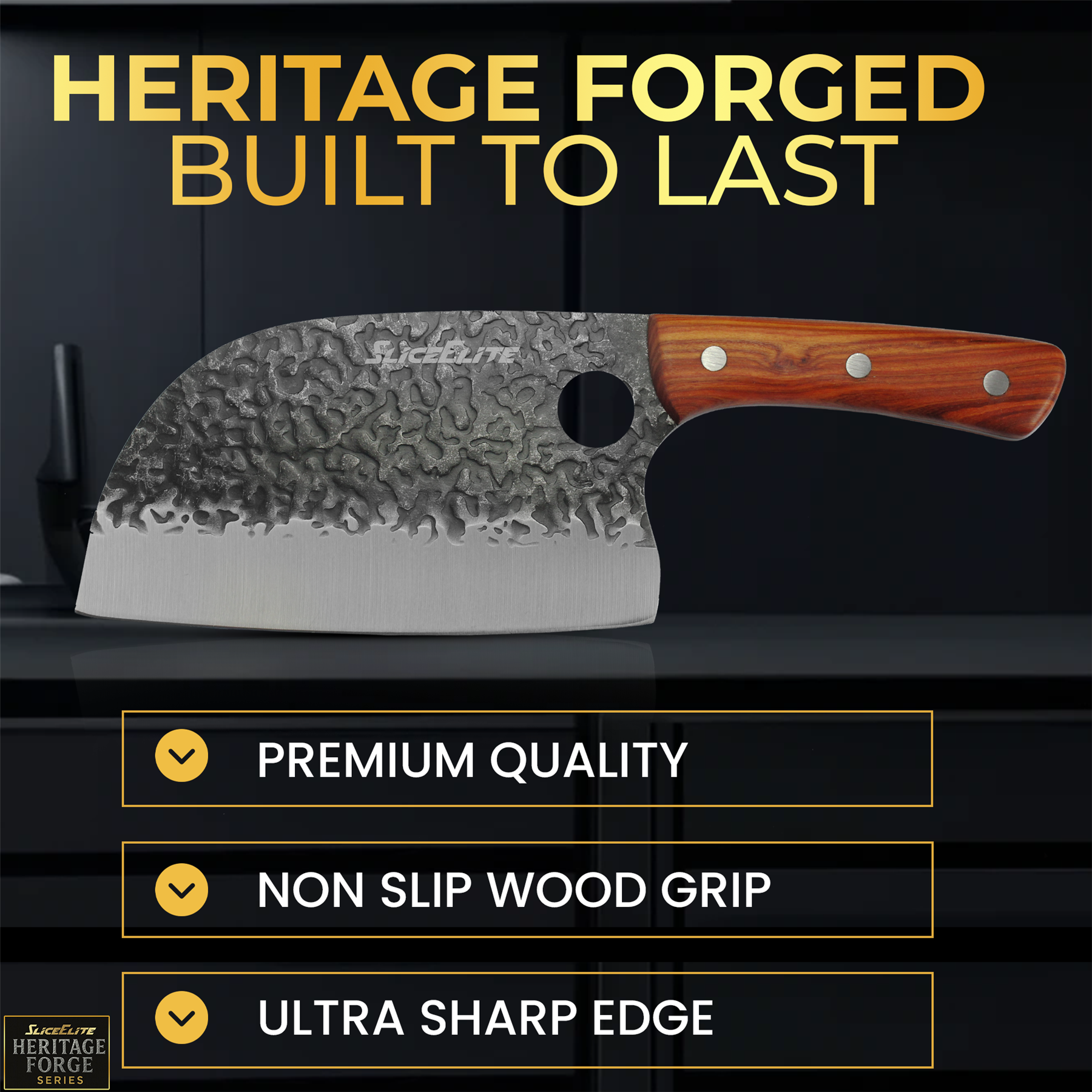 Sleek knife with wooden handle on a dark background, featuring text about product features.