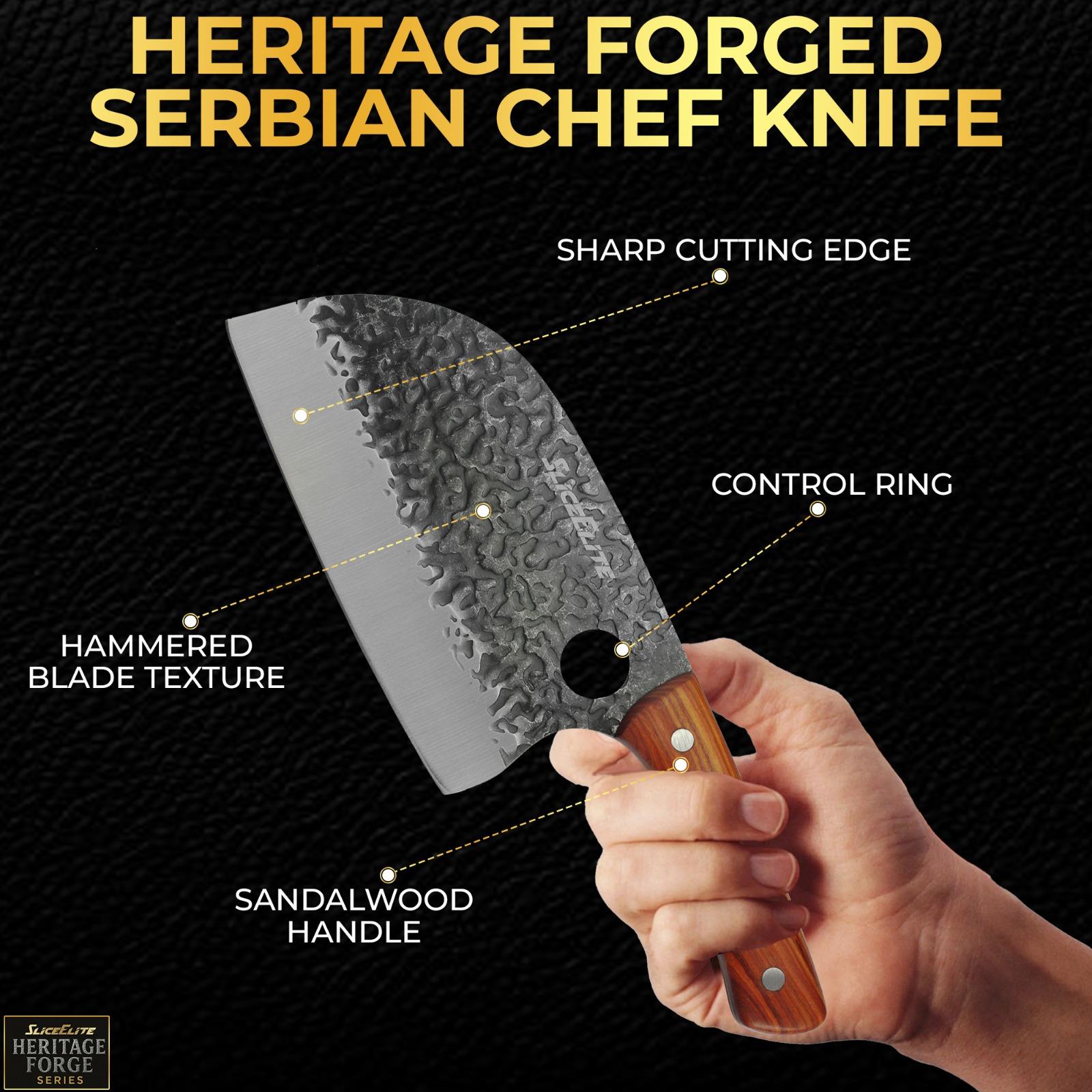 Heritage Forged Serbian Chef Knife held by a hand with features highlighted on a black background.