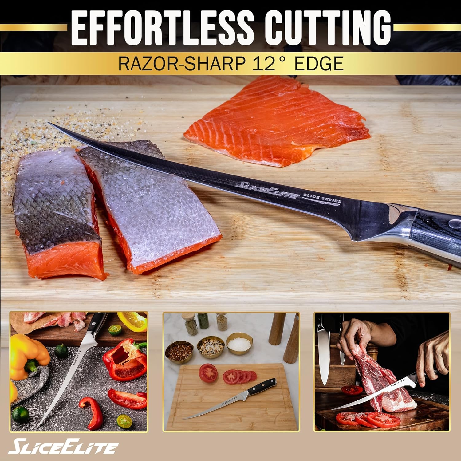 SliceElite knife shown cutting salmon, with images of its use in chopping vegetables and slicing meat, demonstrating its versatility and precision
