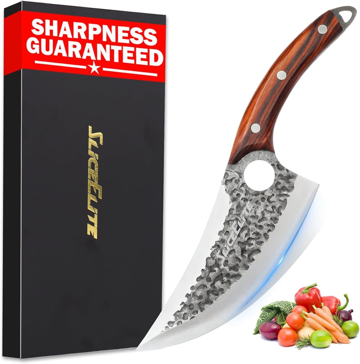 Knife with wooden handle and 'Slice Elite' branding next to a box, with vegetables in the background.