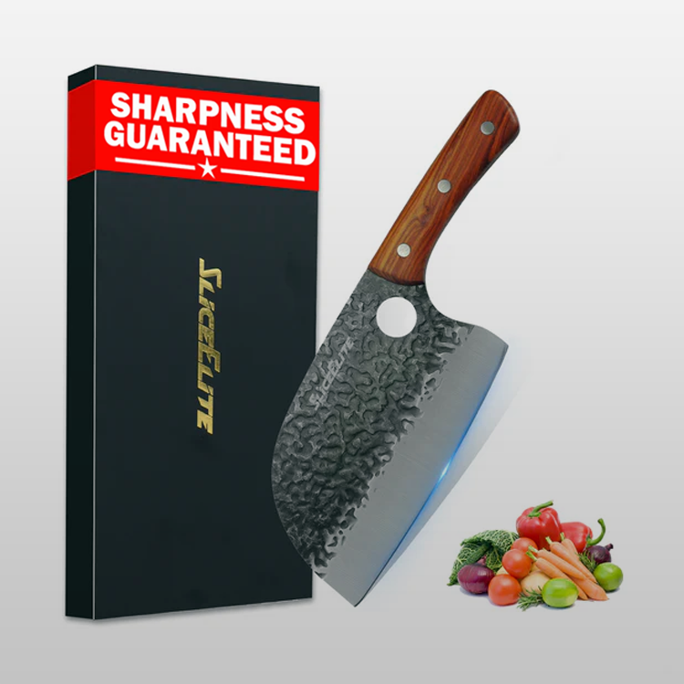 Knife with wooden handle and 'Sharpness Guaranteed' packaging on a white background