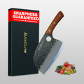 Knife with wooden handle and 'Sharpness Guaranteed' packaging on a white background