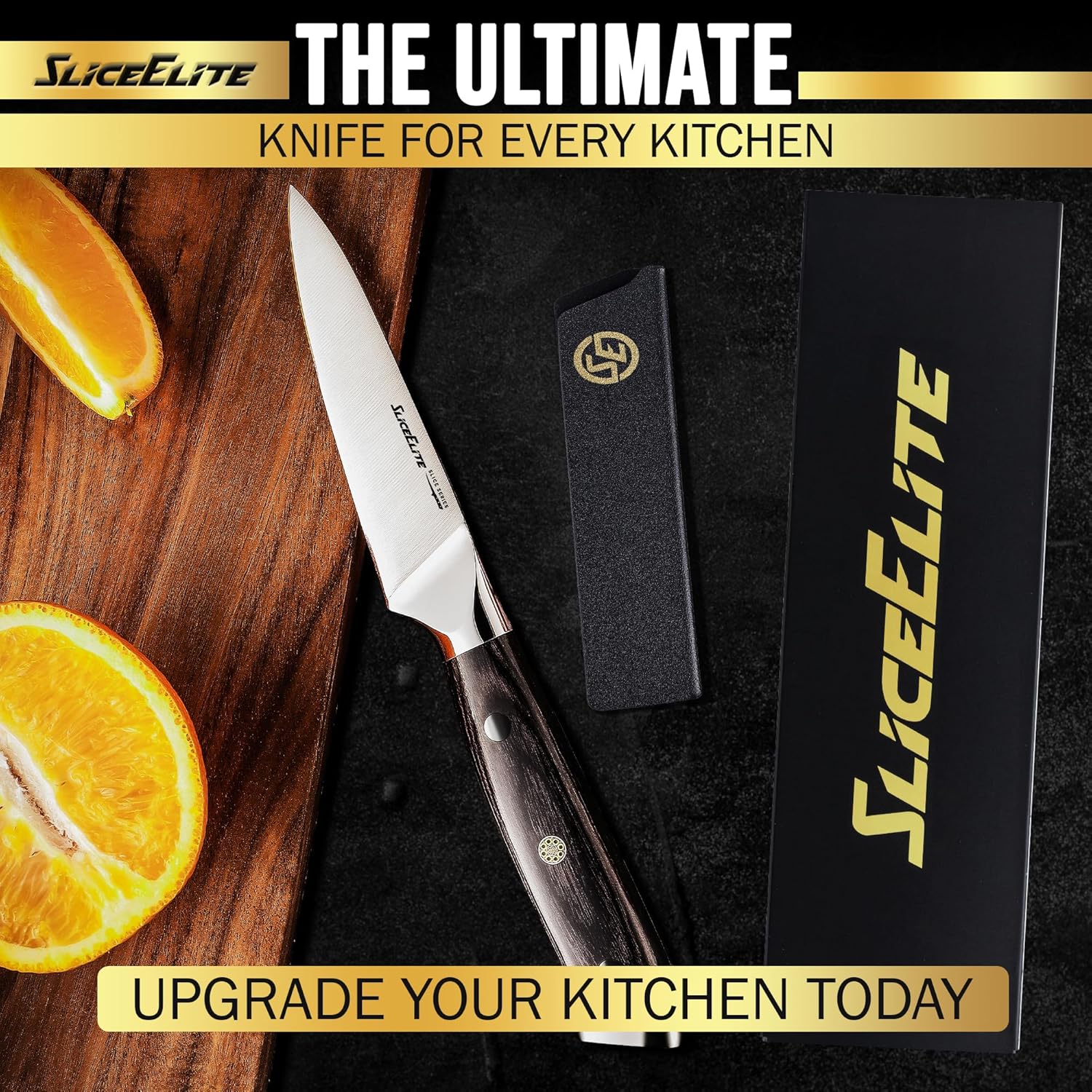 SliceElite Paring Knife With Polymer Cover and Packing Box. Alongside Slices of Orange on a Wooden Cutting Board