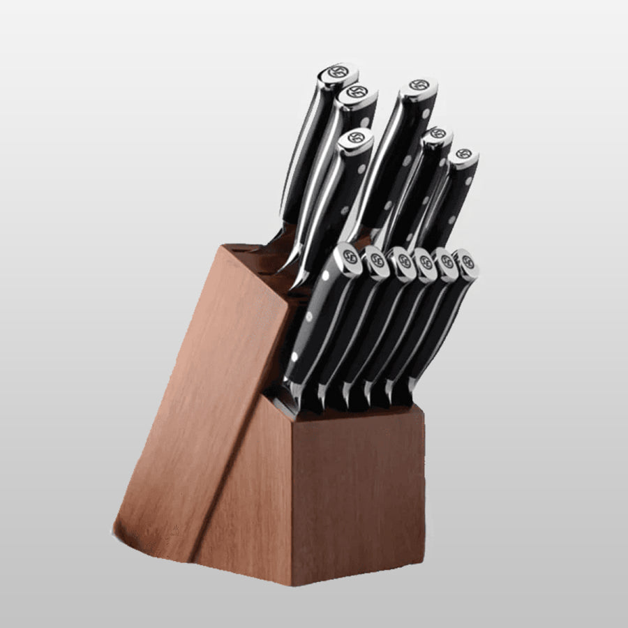 SliceElite Set of knives in a wooden block on a light gray background