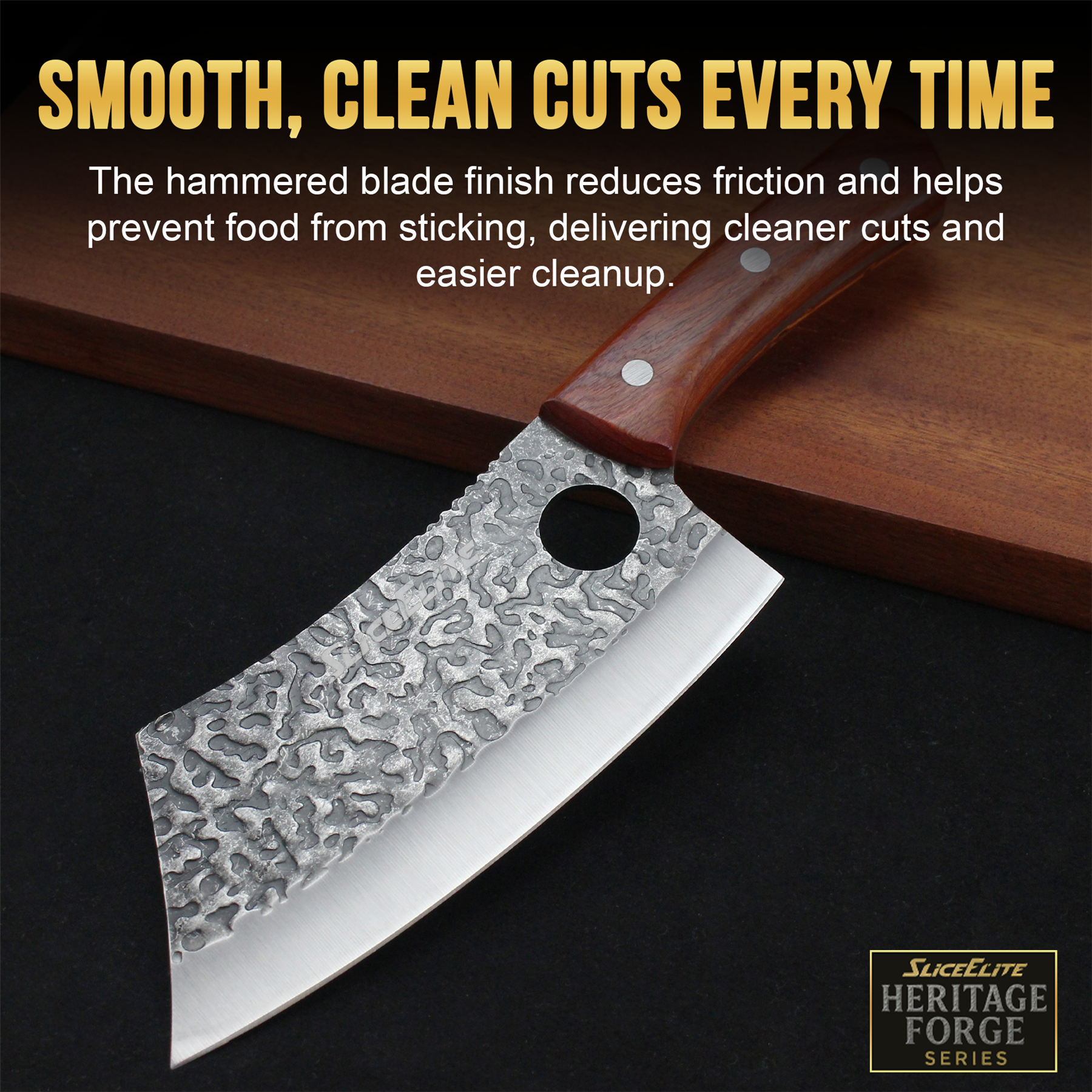 SliceElite Signature Heritage Forge Cleaver Blade Close-Up View on a Wooden Surface