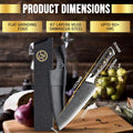 SliceElite The 8-Inch Chef Knife showcases product dimensions Polymer Cover and Leather sheath on kitchen settings