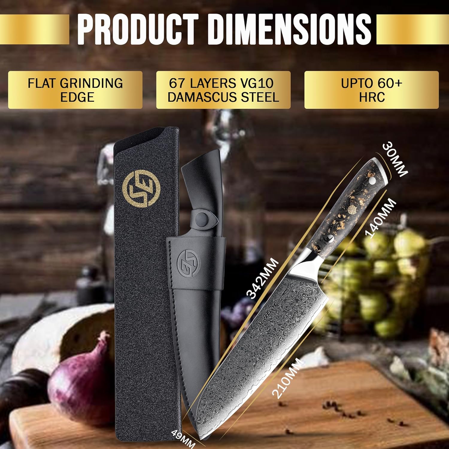 SliceElite The 8-Inch Chef Knife showcases product dimensions Polymer Cover and Leather sheath on kitchen settings