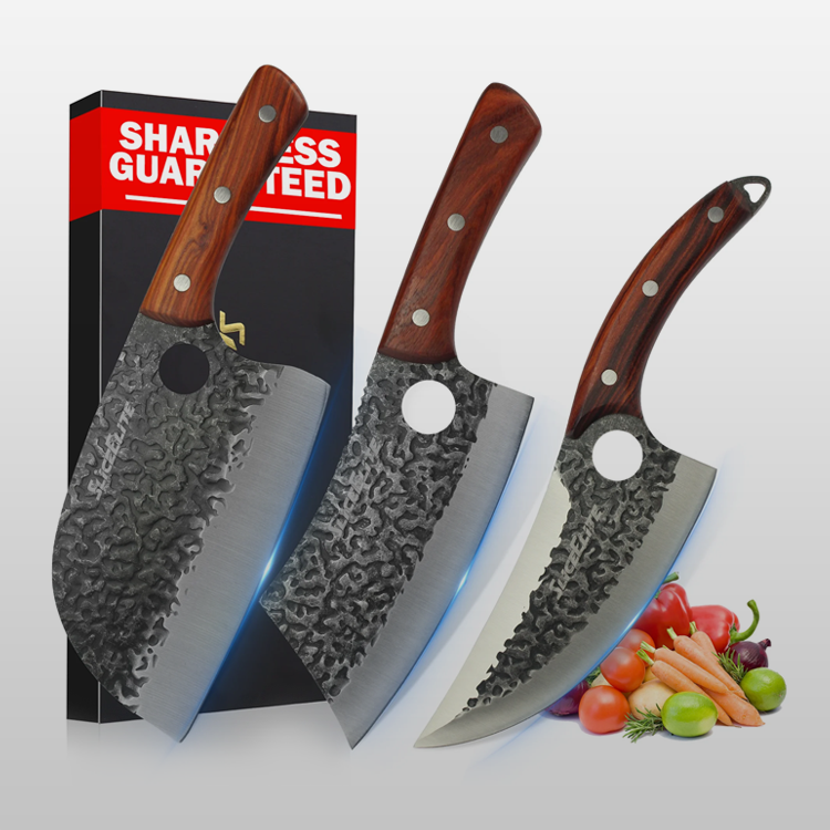 SliceElite Three cleaver knives with wooden handles and metallic blades, displayed in front of a 'Sharpness Guaranteed' box, with vegetables in the background.