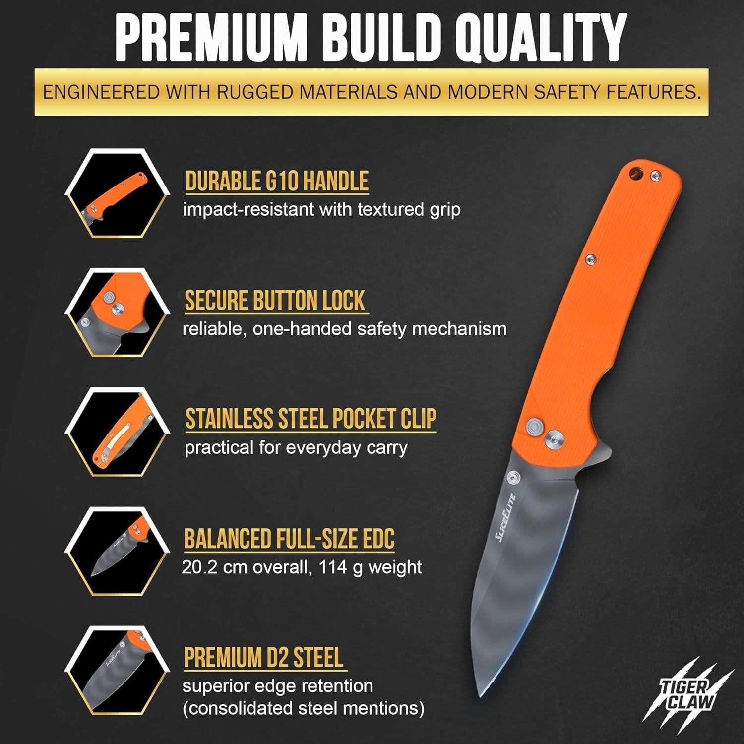 SliceElite Tiger Claw EDC knife with a D2 steel blade with striped titanium PVD finish Premium Quality