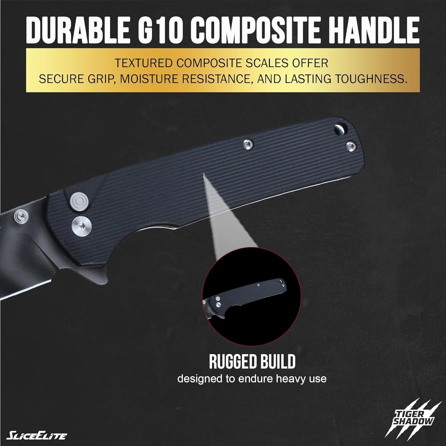 SliceElite Tiger Shadow Folding Knife Black Handle Close-up view