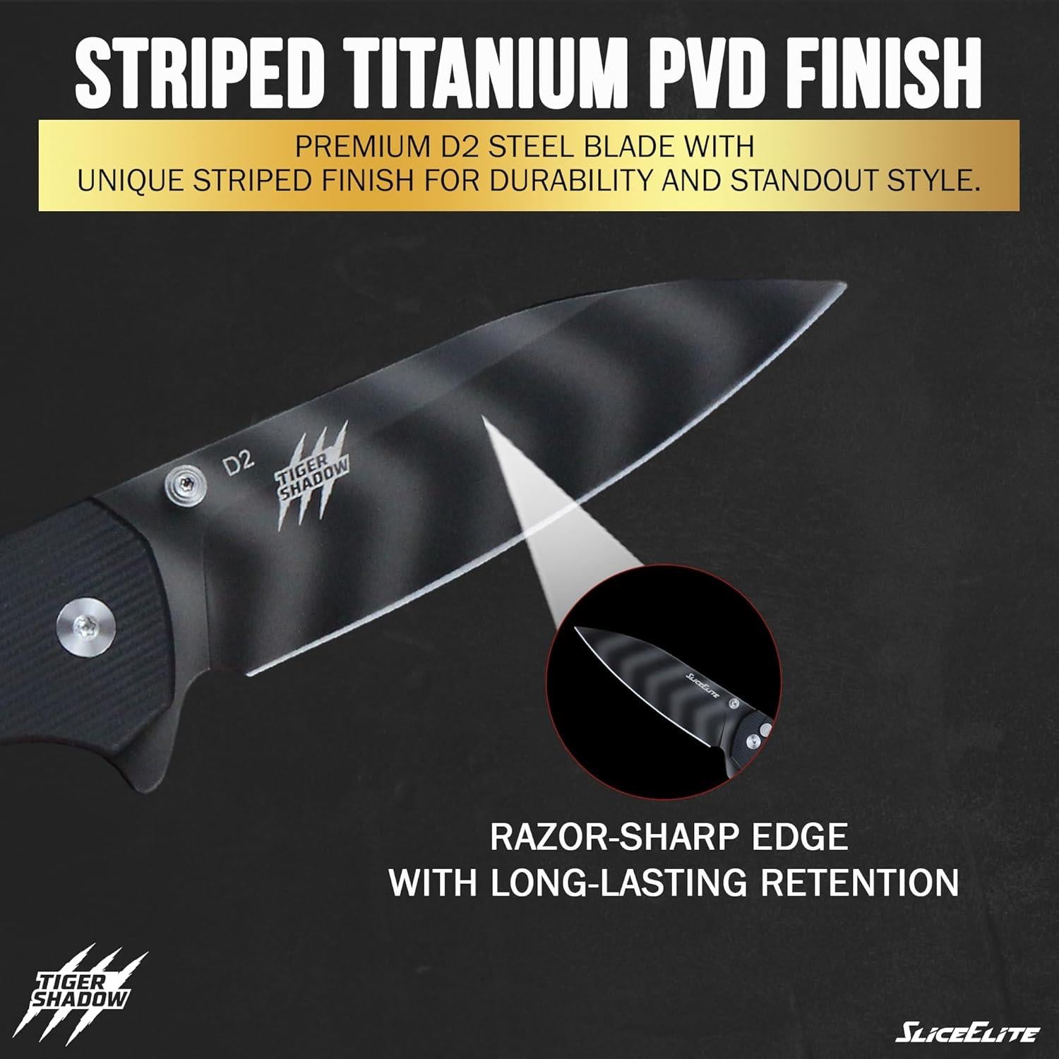 SliceElite Tiger Shadow Folding Knife Close-up View
