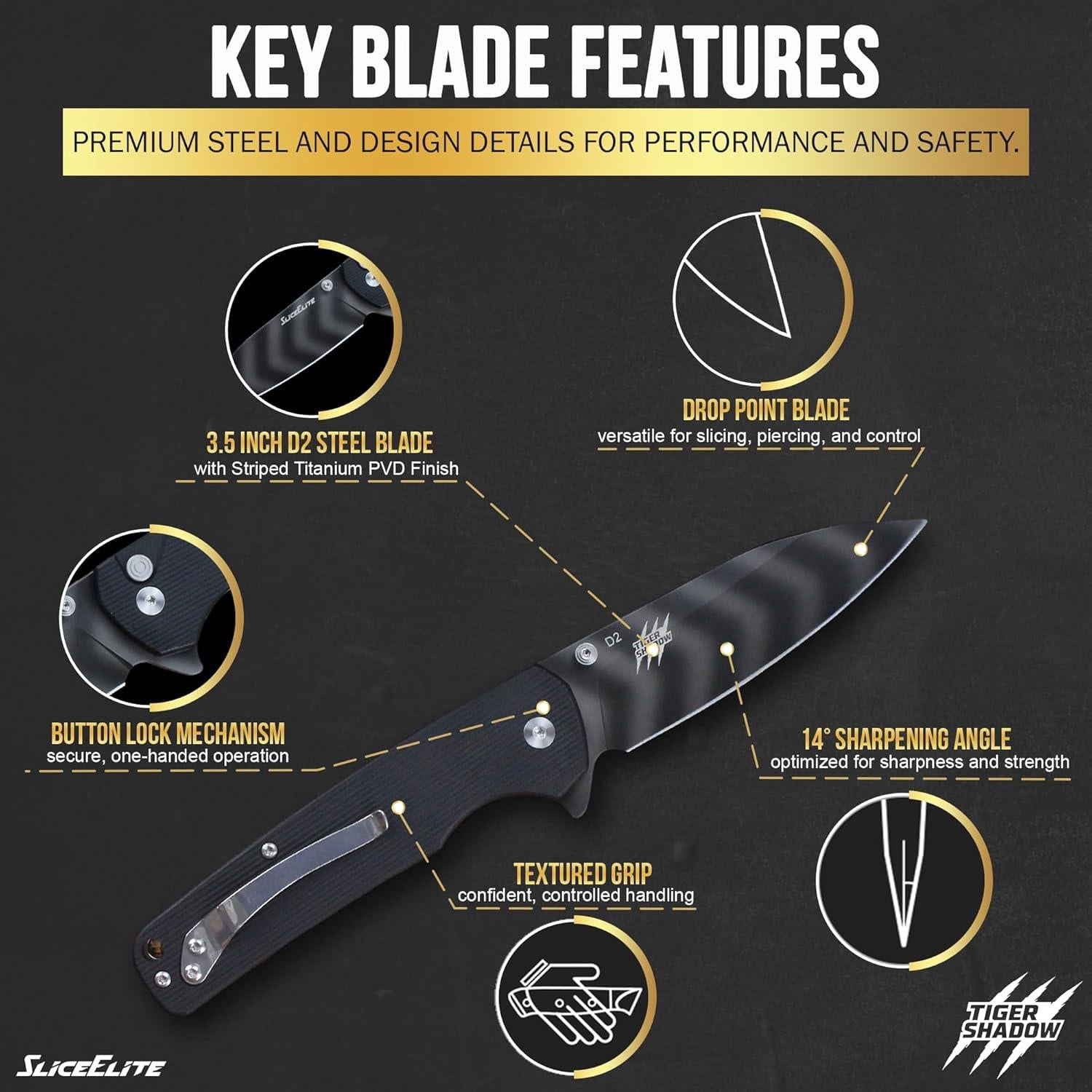 SliceElite Tiger Shadow Folding Knife D2 Steel 3.5 Inch Product Features