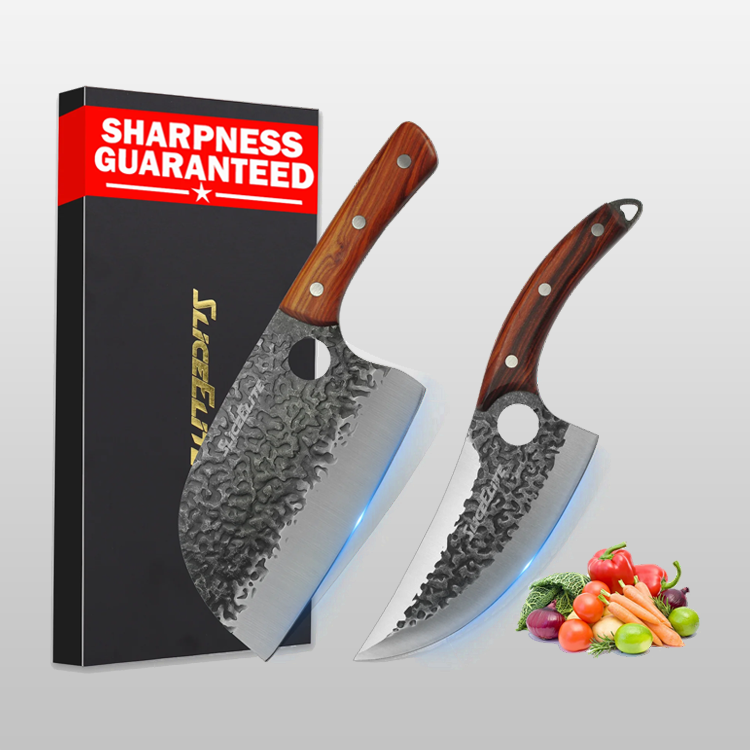 Two chef's knives with wooden handles and a 'Sharpness Guaranteed' box on a white background with vegetables.