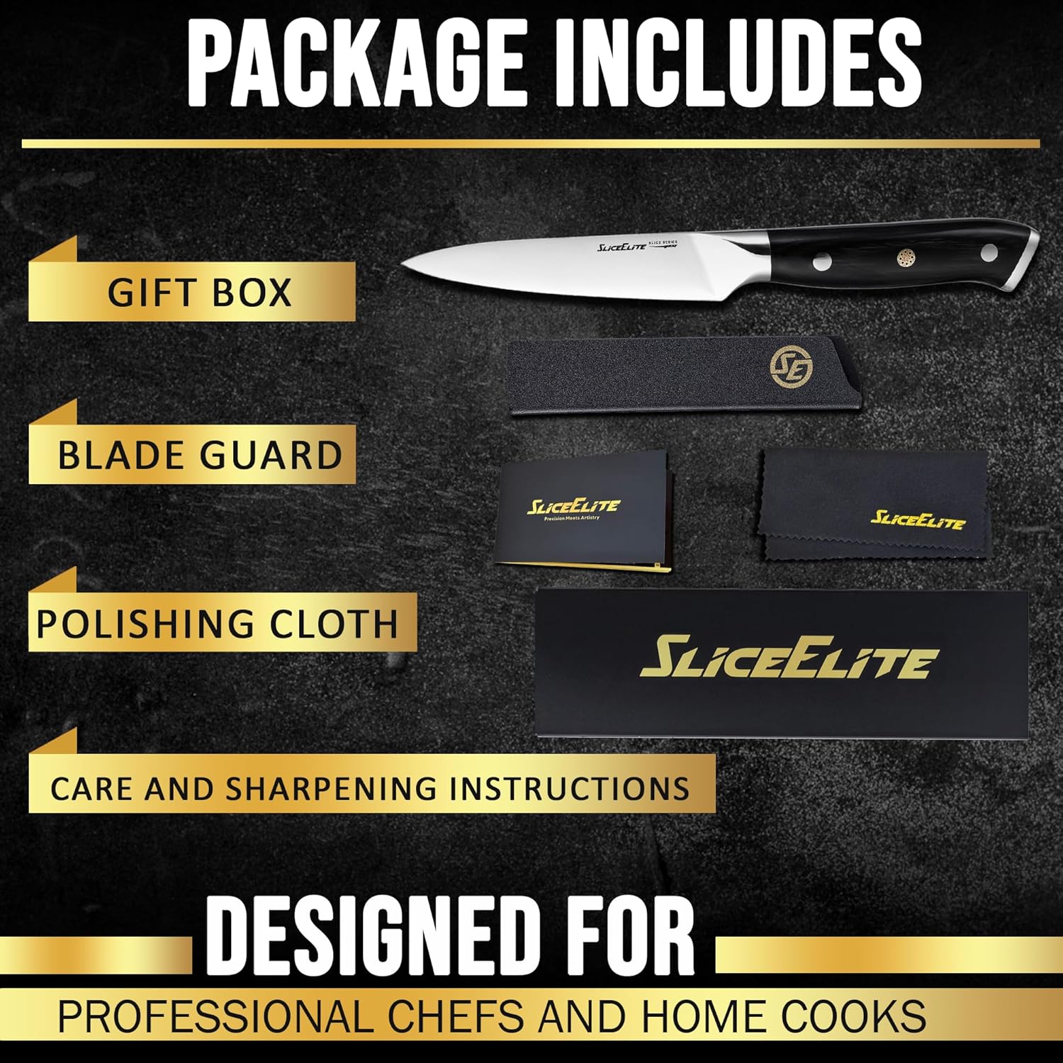 SliceElite Utility Knife Package Includes: Gift Box, Blade Guard, Polishing Cloth, and Care and Sharpening Instructions