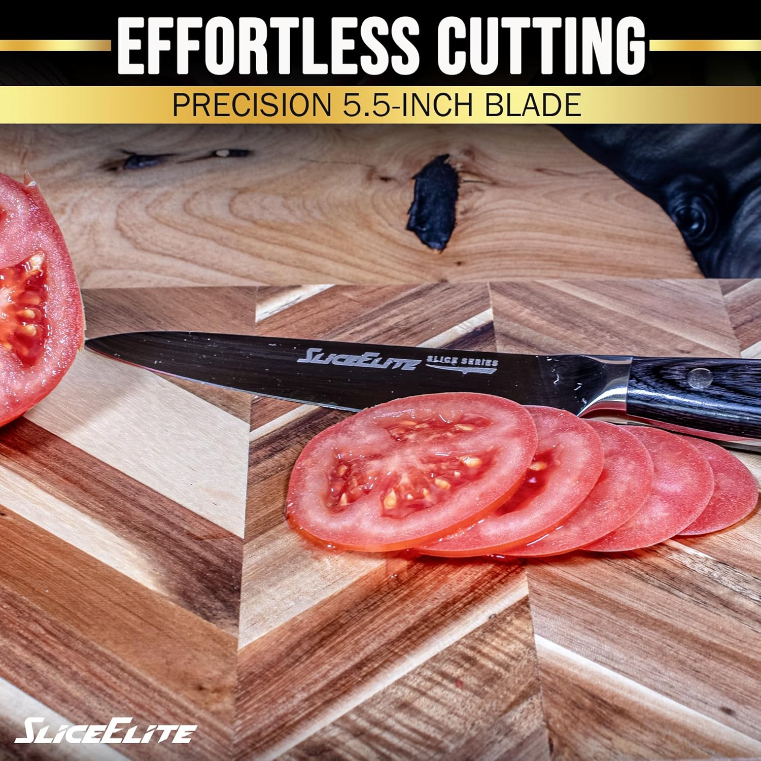 SliceElite Utility Knife With Slices of Tomatoes On A SliceElite Wooden Cutting  Board