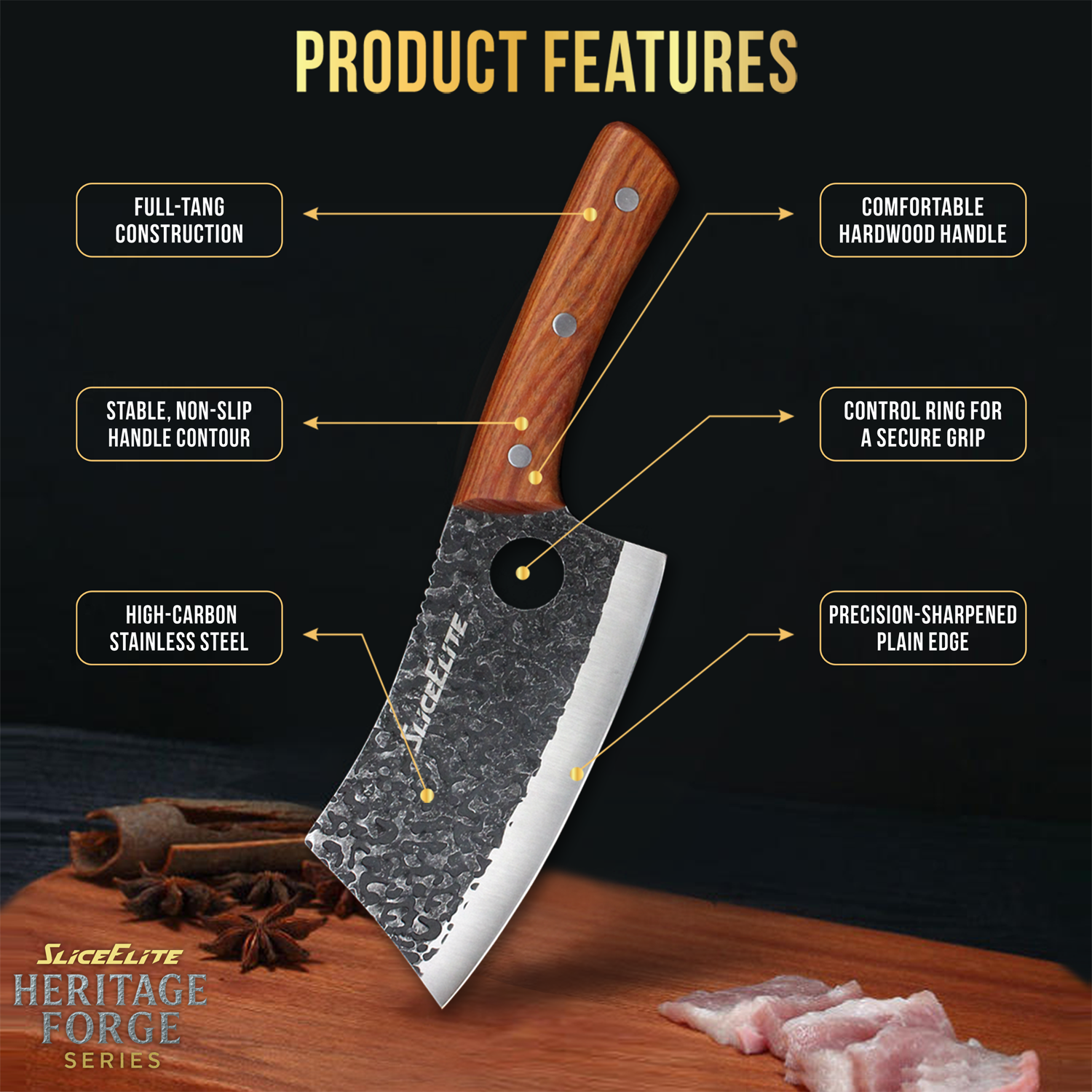 Knife with labeled features on a dark background