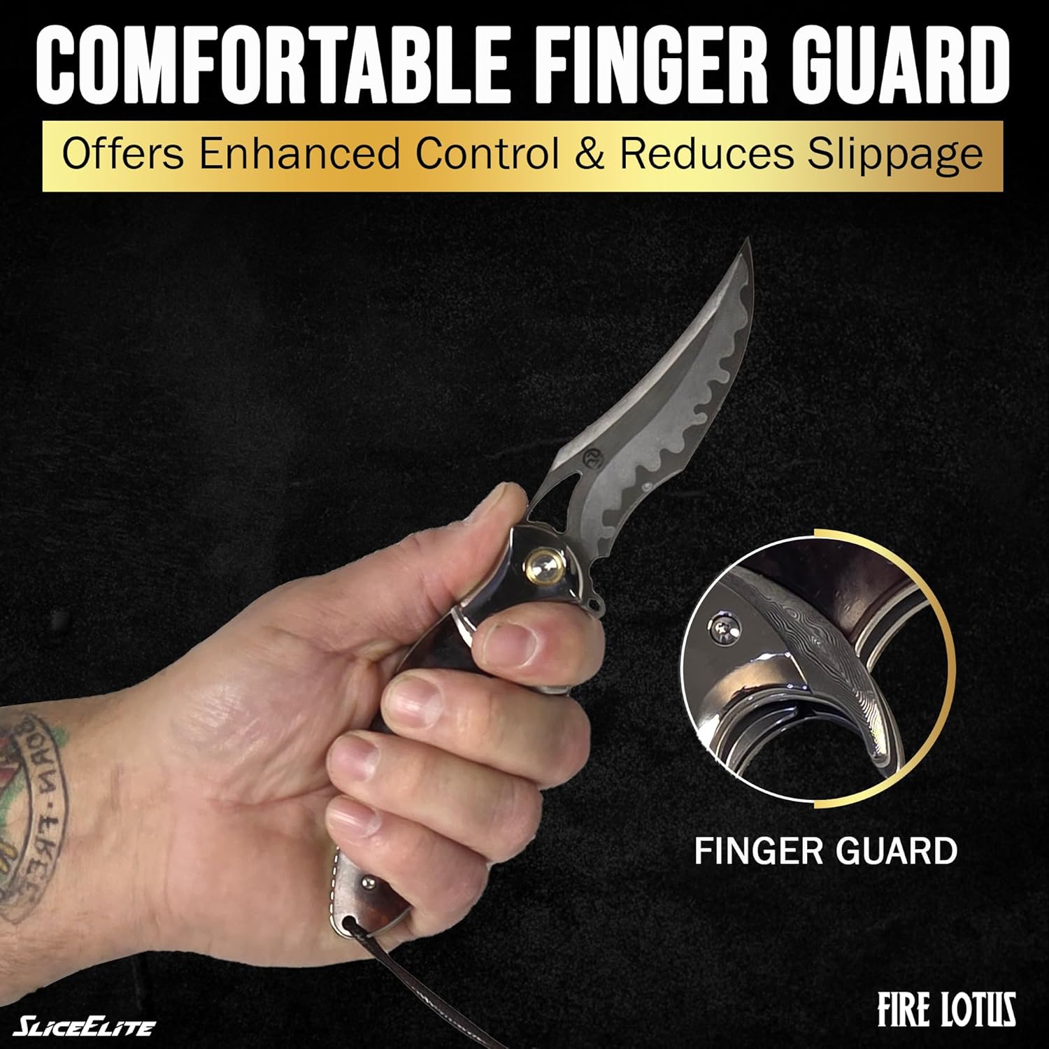 SliceElite fire lotus folding knife with a finger guard held by a hand, on a black background with promotional text.