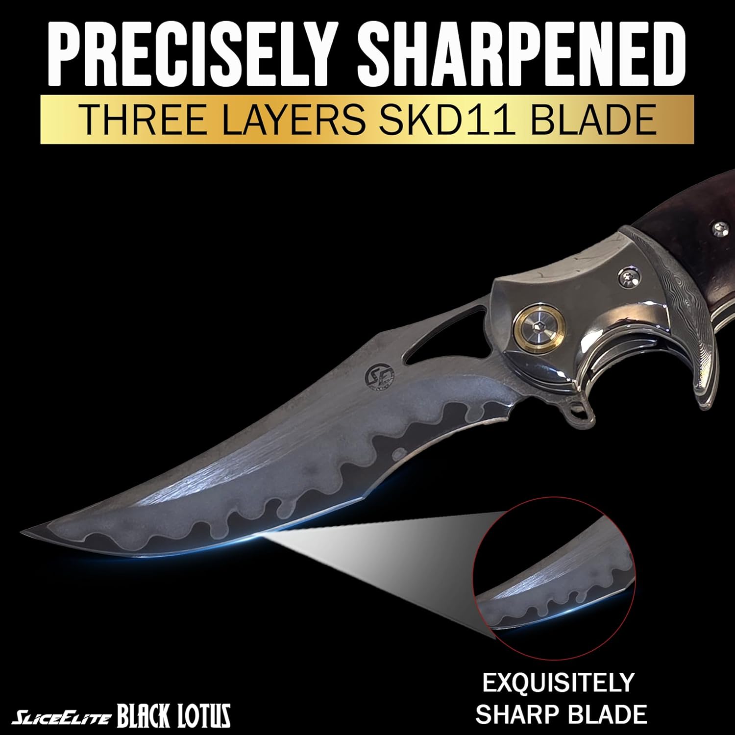 Forked knife with 'Precisely Sharpened' and 'Three Layers SKD11 Blade' text on a black background.