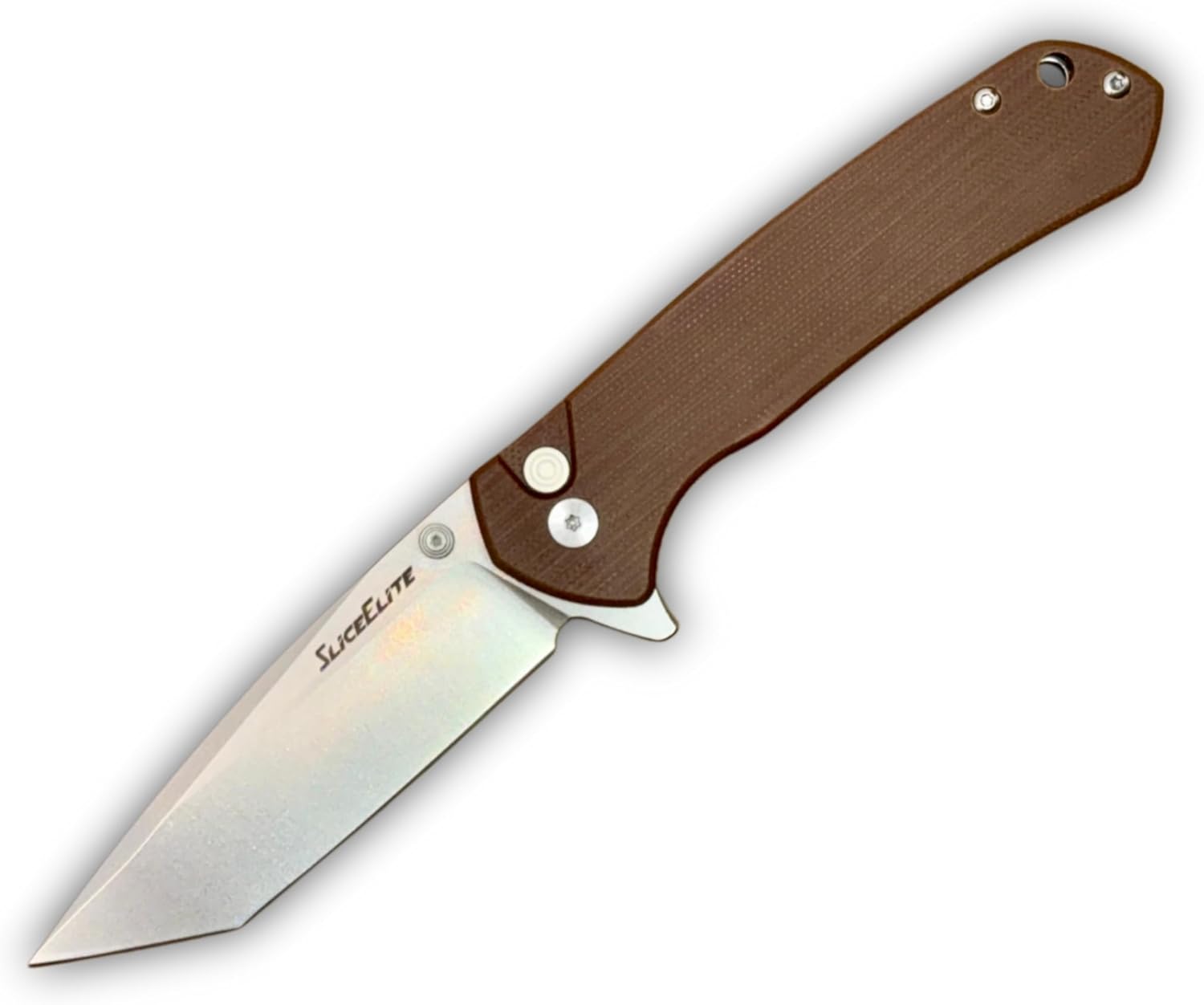 SliceElite folding knife with a D2 steel tanto blade and a brown G10 handle