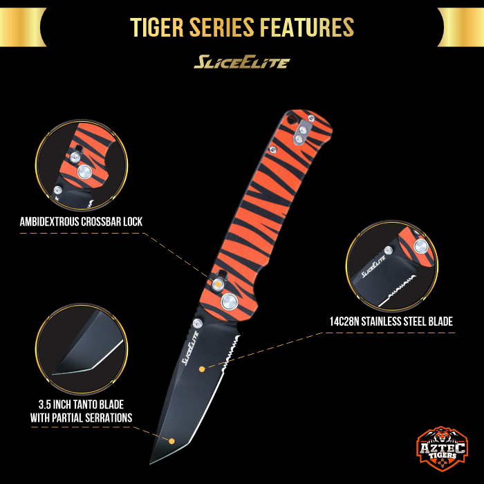 Folding knife with tiger stripe pattern on a black background, featuring SliceElite branding.