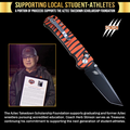 SliceElite folding knife with orange and black tiger stripe pattern on a black background, featuring text about supporting local student-athletes and a person holding a document.